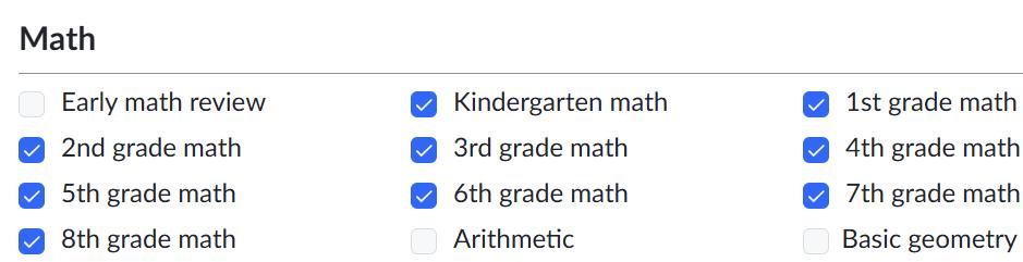 Khan Academy math course list with Kindergarten through 8th grade math highlighted